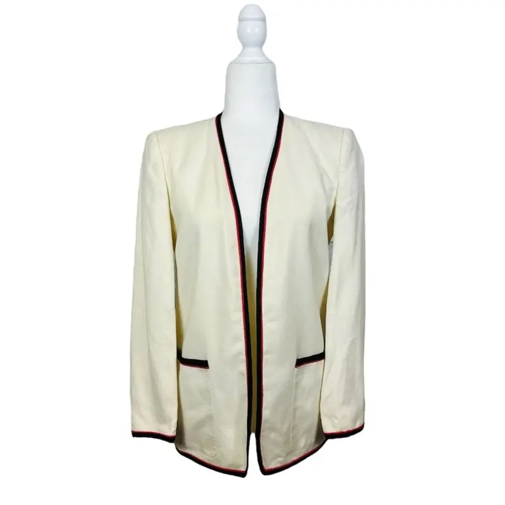 Vintage Christian Dior Linen Blend Jacket Size 6 Cream Black Red Classic Prep